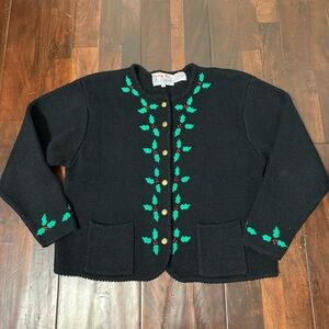Vintage Tally-Ho Cardigan Christmas Sweater Womens XL Holly Leaves & Berries